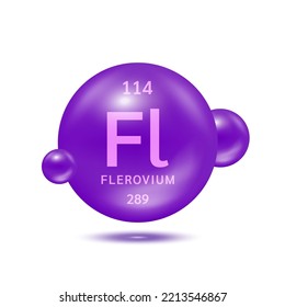 Flerovium molecule models purple and chemical formulas scientific element. Natural gas. Ecology and biochemistry concept. Isolated spheres on white background. 3D Vector Illustration.