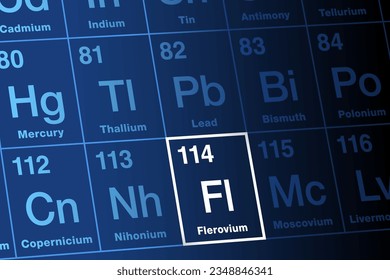 Flerovium on periodic table of elements. Extremely radioactive, superheavy, synthetic transactinide element. Element symbol Fl, atomic number 114. Named after the Flerov Laboratory in Dubna, Russia.