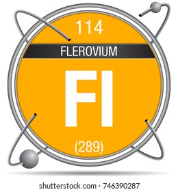 Flerovium symbol inside a metal ring with colored background and spheres orbiting around. Element number 114 of the Periodic Table of the Elements - Chemistry 