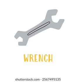 Flesh card of wrench in cartoon style on a white background. Work tool for home repair. Construction themed vector illustration, demonstrative card for kindergarten, school