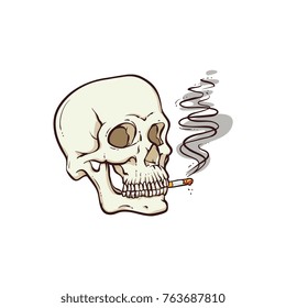 Fleshless skull smoking a cigarette, death, mortal habit concept, hand drawn, sketch style vector illustration isolated on white background. Hand drawn skull with a cigarette, smoking kills concept