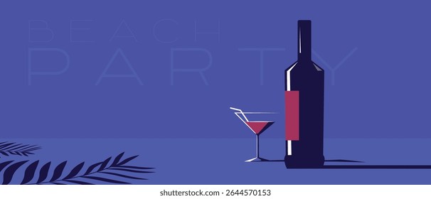 Flet illyustratsiya butylka alkogolya, bokal, ten' t list'yev pal'my. Podoydot dlya illyustratsii bannera restorana, cartaz vinnogo bara, plyazhnaya vecherinka, revista vin. Krasnoye vino