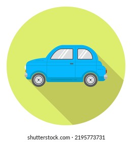 Flet vector icon round with car in blue color and long shadow, flat vector illustration.