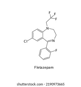 Fletazepam molécula estructura esquelética plana, fármaco de clase benzodiazepina utilizado como relajante muscular. Ilustración vectorial sobre fondo blanco.
