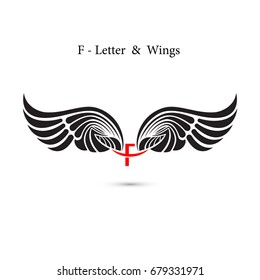 F-letter sign and angel wings.Monogram wing logo mockup.Classic emblem.Elegant dynamic alphabet letters with wings.Creative design element.Corporate branding identity.Vector illustration.
