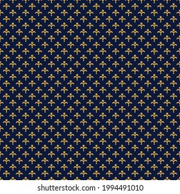 Fleur De Lis ancient french floral royal seamless pattern with beige gold ornament of fleur-de-lis elements on dark blue background. Vintage interior accessories or textile theme. Baroque pattern