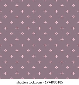 Fleur De Lis ancient french floral royal seamless pattern with pink ornament of fleur-de-lis elements on dark blue background. Vintage interior accessories or textile theme. Baroque pattern