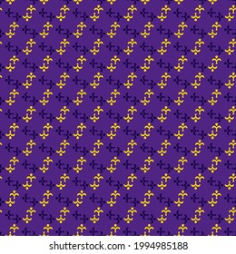 Fleur De Lis ancient french floral royal seamless pattern with violet yellow ornament of fleur-de-lis elements on dark blue background. Vintage interior accessories or textile theme. Baroque pattern