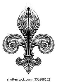 Fleur de lis decorative design element or heraldic symbol in a vintage woodblock style