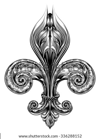 Fleur de lis decorative design element or heraldic symbol in a vintage woodblock style