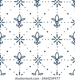  Fleur De Lis dotted pattern. Hand drawn Navy blue on white background. 