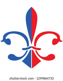 The Fleur de Lis or flower-de-luce vector icon. Royal French lily made in the colours of flag of France. Red and blue Fleur de Lis isolated.