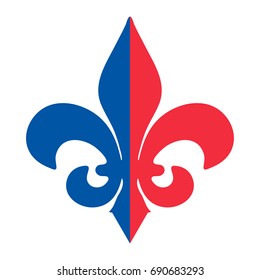 The Fleur de Lis or flower-de-luce vector icon. Royal French lily made in the colours of French revolution and flag of France: red and blue on a white background.