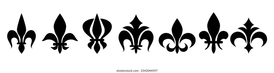 Fleur de lis - símbolos medievais heráldicos franceses. Elementos vetoriais isolados no branco.