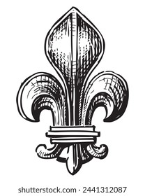 Fleur de lis, french lily, medieval, royal,sketch,hand drawn black and white vector illustration isolated on white