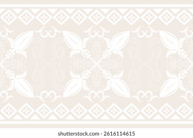 Fleur de lis geometric baroque style with white ornament on beige background. Hand drawn scrollwork with bold thick thin lines pattern border stripe for elegance luxury decoration whitework embroidery