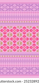 Flor de lis Geométrica ikat Patrón Azteca Floral. Flores rosadas y púrpuras Tejidos a mano Bordado Seda sin costuras Patrón tradicional Vector. Naturaleza Hojas verdes Colorido, batik, kebaya, seda tailandesa, alfombra.