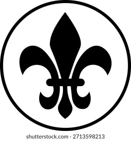 Una simple ilustración en blanco y negro de un símbolo de flor de lis dentro de un círculo