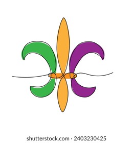 Fleur de Lis icon in continuous line styles. Black and white illustration for Mardi Gras carnival.