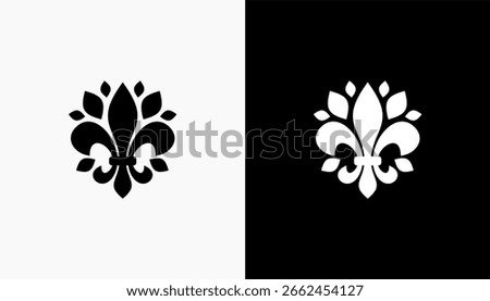 fleur de lis icon isolated on white and black background. Flower Lily Royal Medieval Heraldic french symbol. Classic emblems illustration. Stock clip art