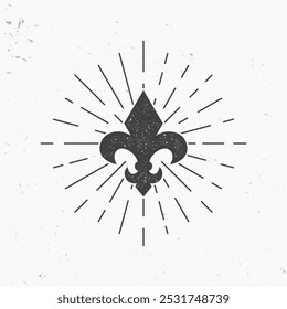 Ícone de Fleur De Lis com raios de luz. Ícone da monarquia vintage com efeito de selo. Ilustração vetorial