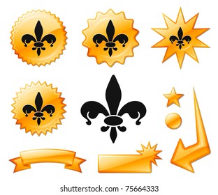 Fleur De Lis Icon on Orange Burst Banners and Medals Original Vector Illustration