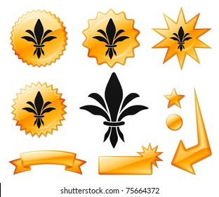 Fleur De Lis Icon on Orange Burst Banners and Medals Original Vector Illustration