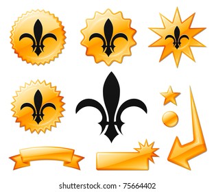 Fleur De Lis Icon on Orange Burst Banners and Medals Original Vector Illustration