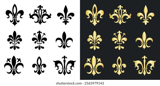 Fleur de lis icon. Royal Lily Symbol. Black and gold gradient set. Vector collection