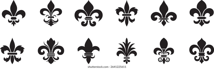 Fleur de lis icon set. Heraldic lily icons. Vector Vintage White and Black Fleur De Lis Icon Set Isolated. lily flowers (fleur-de-lis) Vintage retro style. Silhouette style vector icons on a white bac