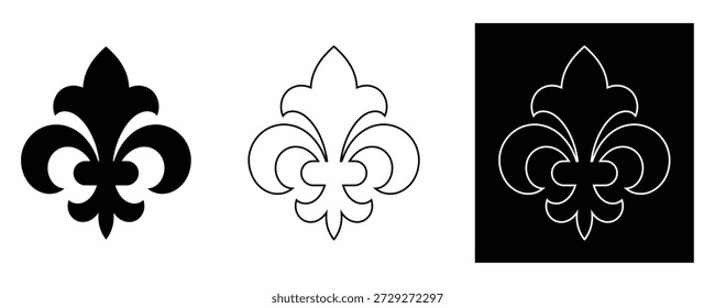 Fleur de lis icon set. Heraldic lily symbol. Classic royal emblem. Decorative floral ornament for luxury branding and design.