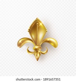 Fleur de lis isolated on transparent background. Gold heraldic lily. Golden Mardi Gras Symbol