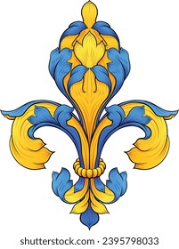 A Fleur de lis lily flower floral coat of arms royal heraldry crest design in a filigree style.