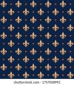 Fleur De Lis luxury pattern in blue and beige color. Royal ornamental seamless background.