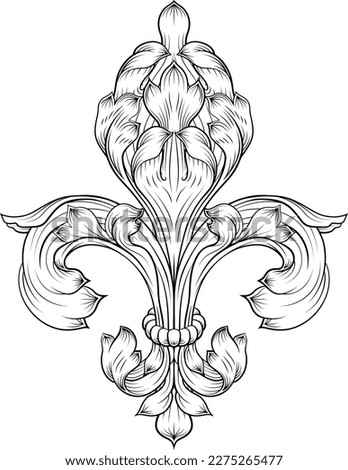 A Fleur De Lis or Lys lily flower royal heraldic symbol pattern illustration in a vintage woodcut etching drawing style