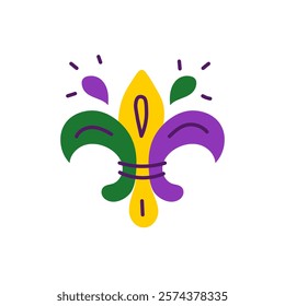 Fleur De Lis Mardi Gras Icon. Colorful hand drawn Holiday symbol. Parade festive celebration shiny flower sign. Flat design. Vector illustration