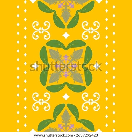 Fleur De Lis Medieval Geometric Baroque Artistry Art Work Beautiful Scroll Ornament Leaves and Florals Decoration Green White on Yellow Background Delicate Border Pattern Opulence Regency Rich Style