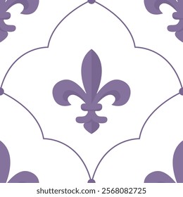 Fleur de Lis purple seamless pattern transparent background.