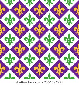 Fleur De Lis Rhombus Seamless Pattern. Mardi Gras Festive Endless Background.