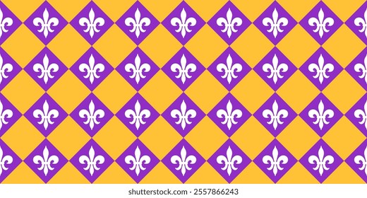 Fleur De Lis Rhombus Seamless Pattern Purple and Yellow. Mardi Gras Festive Endless Background.