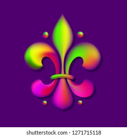 Fleur De Lis royal lily. Trendy shining multicolored fleur-de-lys isolated on violet background. Vector. Stylized Lily for Shrove Tuesday, Mardi gras carnival. 