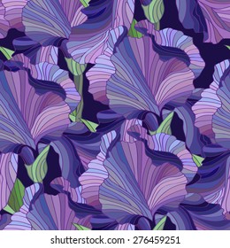 Fleur de lis. Seamless floral pattern. Hand drawn illustration of a purple iris. Beautiful flowers.