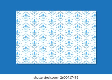 Fleur De Lis seamless pattern with blue abstract ornamental frame suitable for interior design and wallpaper