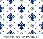 Fleur de lis seamless pattern.Classic royal embroidery vintage style.Traditional and little more modern. Flower with French origins.Vector illustration blue and white background design for decor.