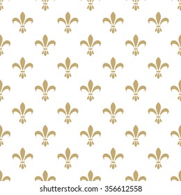 Fleur De Lis Seamless Vector Pattern. French Vintage Stylized Lily Flower Luxury Royal Symbol. Monarchy Gold On White Iris Sign.