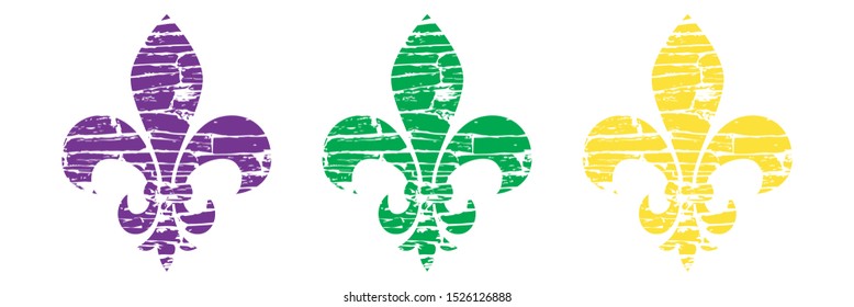 Fleur de lis set. Heraldic lily. Mardi Gras Symbol. Grunge background