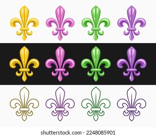 Fleur de lis set. Los íconos de Fleur de lys en diferentes estilos. Ilustración del carnaval de Mardi Gras. Símbolo herálico francés real.