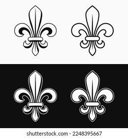 Fleur de lis set. Fleur de lys icons in different styles. Balck and white illustration for Mardi Gras carnival. Royal French heraldry symbol.