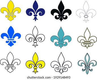 fleur de lis set. Fleur de Lis symbol icons of different types. Isolated vector sign, heraldic French symbol on white. Royal French heraldry design elements, medieval design  fleur-de-lis