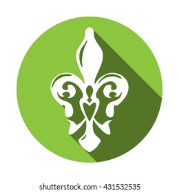 Fleur de lis symbol with long shadow. White lily in a green circle. French lily icon isolated on a white background